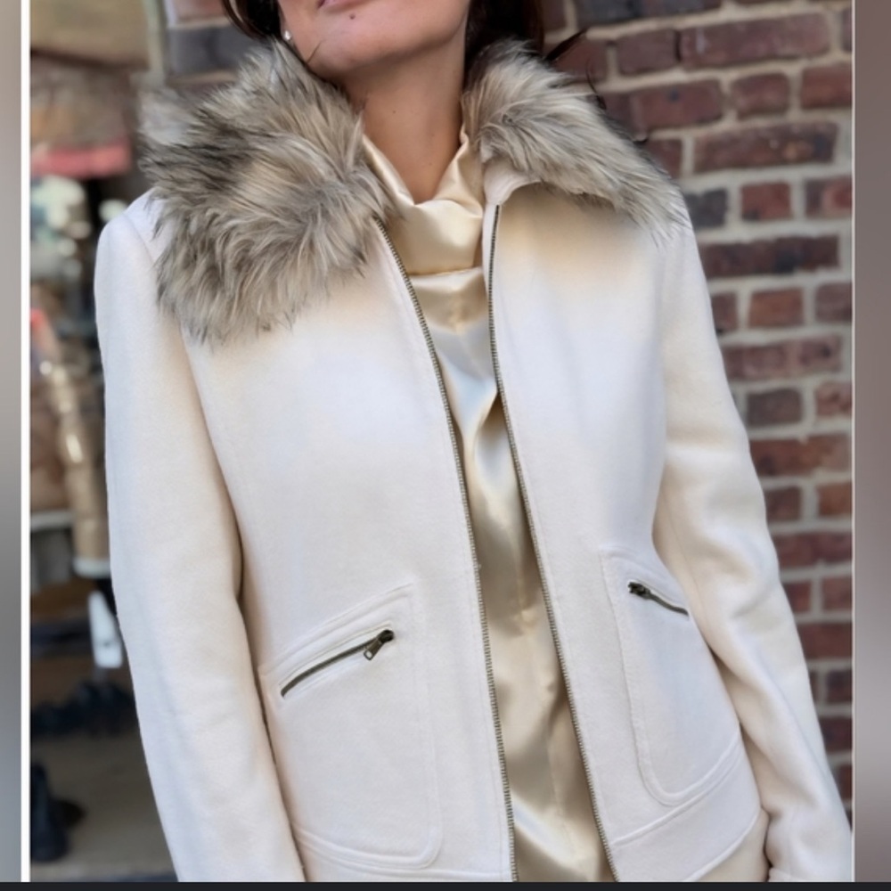 Lauren Ralph Lauren Cream Bomber Jacket with Faux Fur Collar